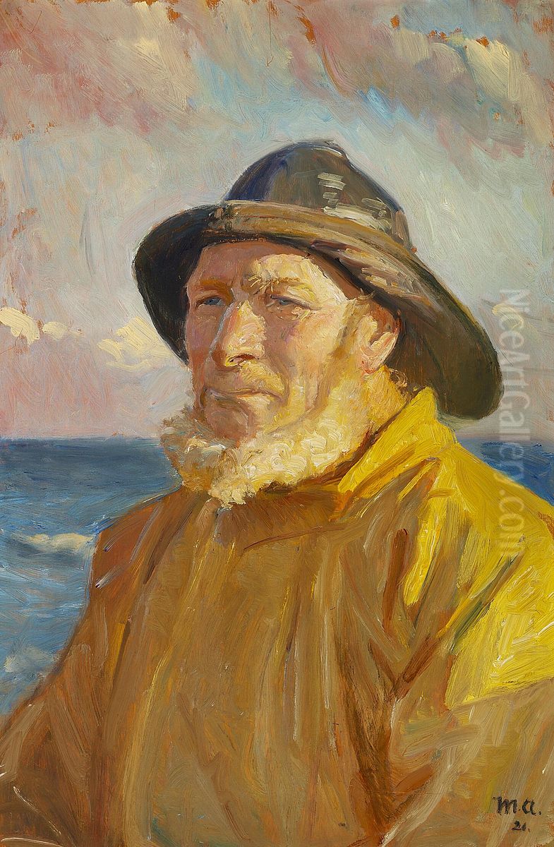 Fisherman wearing a raincoat and a sou'wester. Oil Painting by Michael Peter Ancher