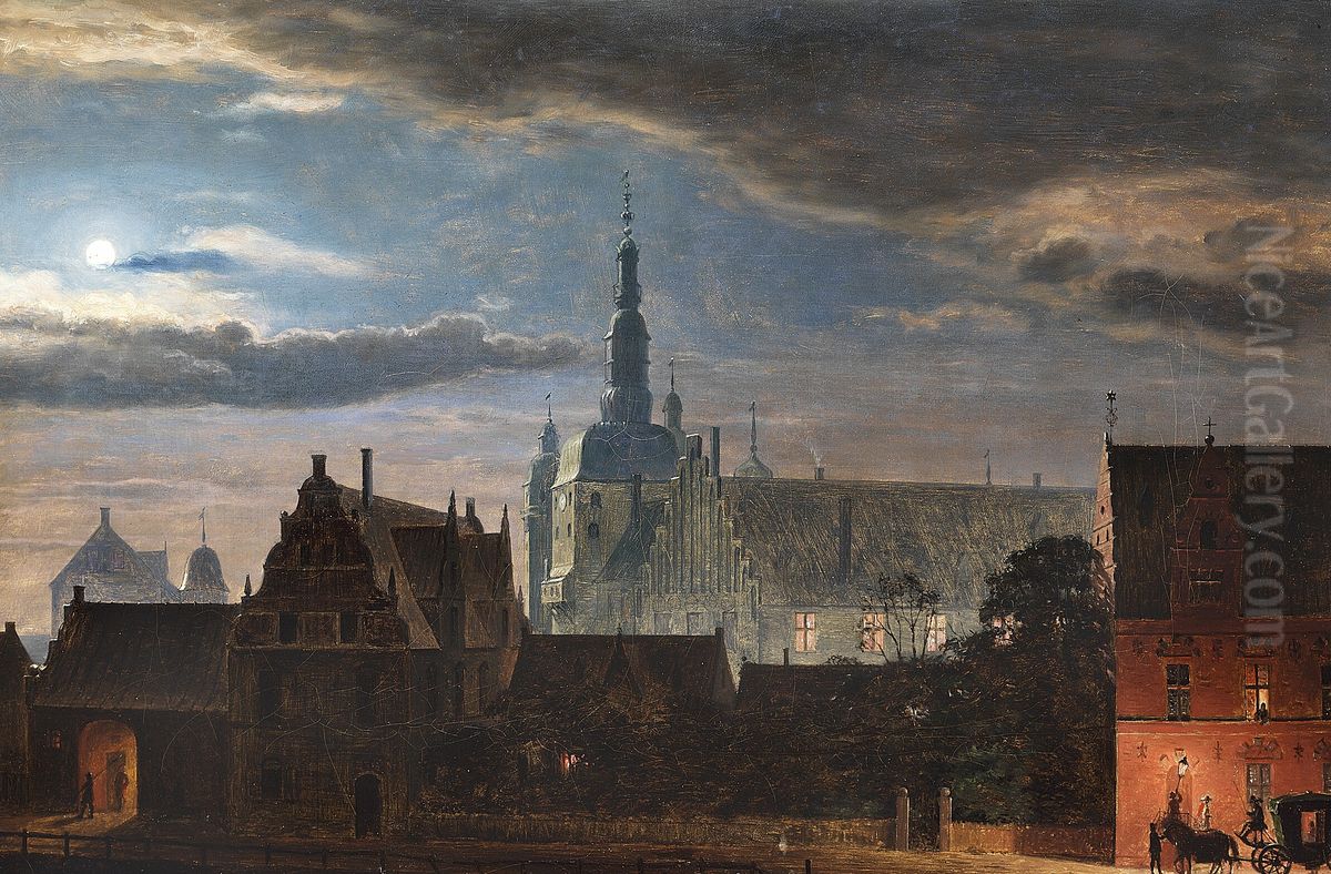 A nocturnal view of the old castle of Copenhagen. Oil Painting by Carl Christian Andersen