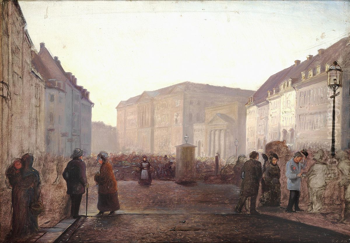 Hojbroplads med Kristiansborg Slot. Skitse. Oil Painting by Carl Christian Andersen