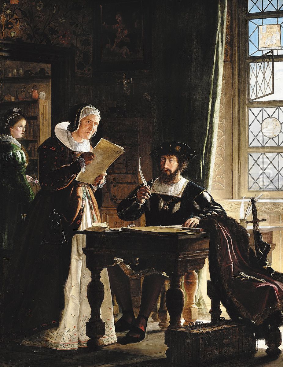 Sigbrit gjennemgaaer Toldregnskaberne med Christian den 2den. Oil Painting by Carl Christian Andersen