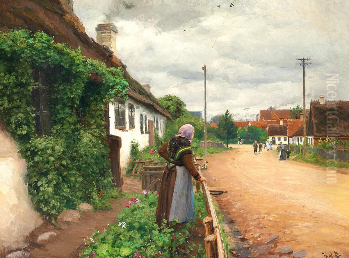 An old woman is watching the children of the village as they play. Oil Painting by H. A. Brendekilde