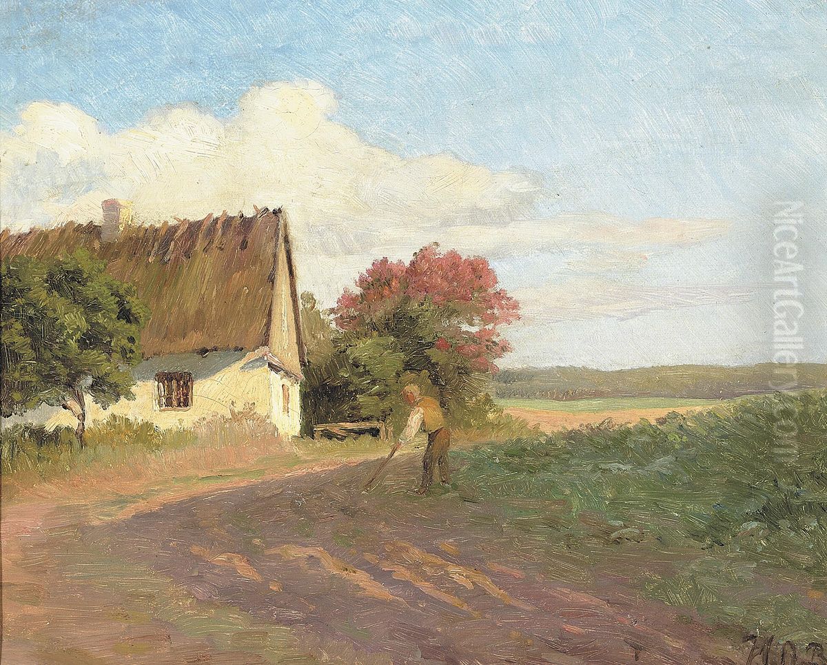 A farmer working a field on a summer day. Oil Painting by H. A. Brendekilde