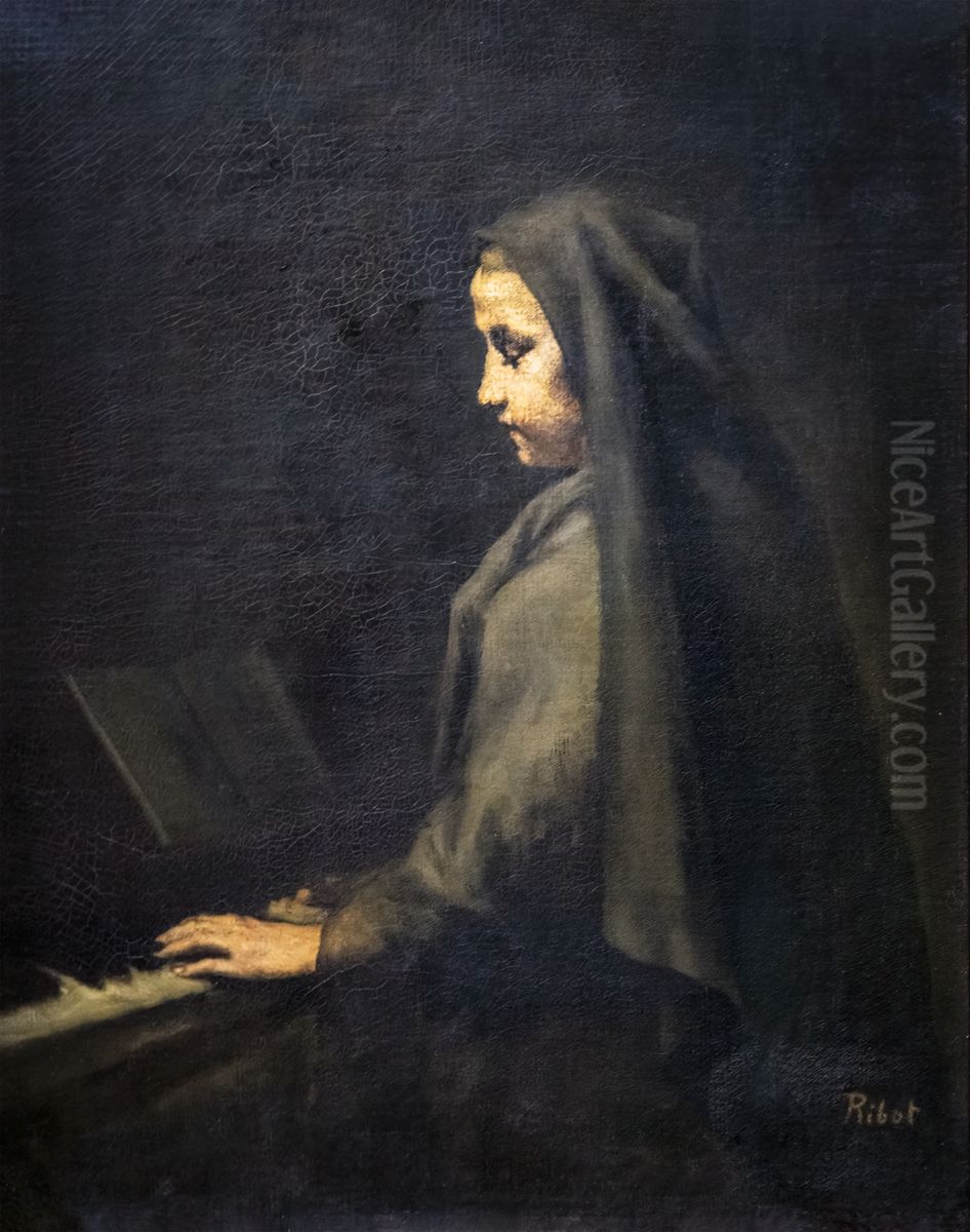 Woman at the piano Oil Painting by Augustin Theodule Ribot