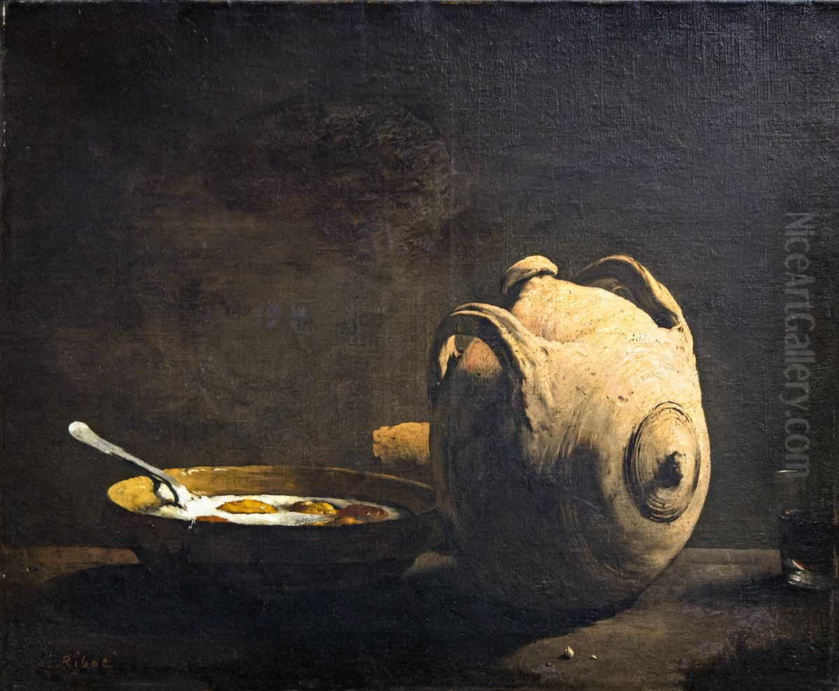 Still life with fried eggs Oil Painting by Augustin Theodule Ribot