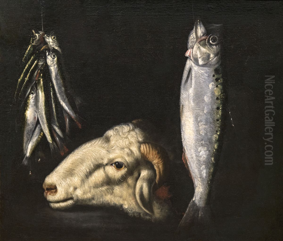 Still life with ram's head and hanging fish Oil Painting by unknown