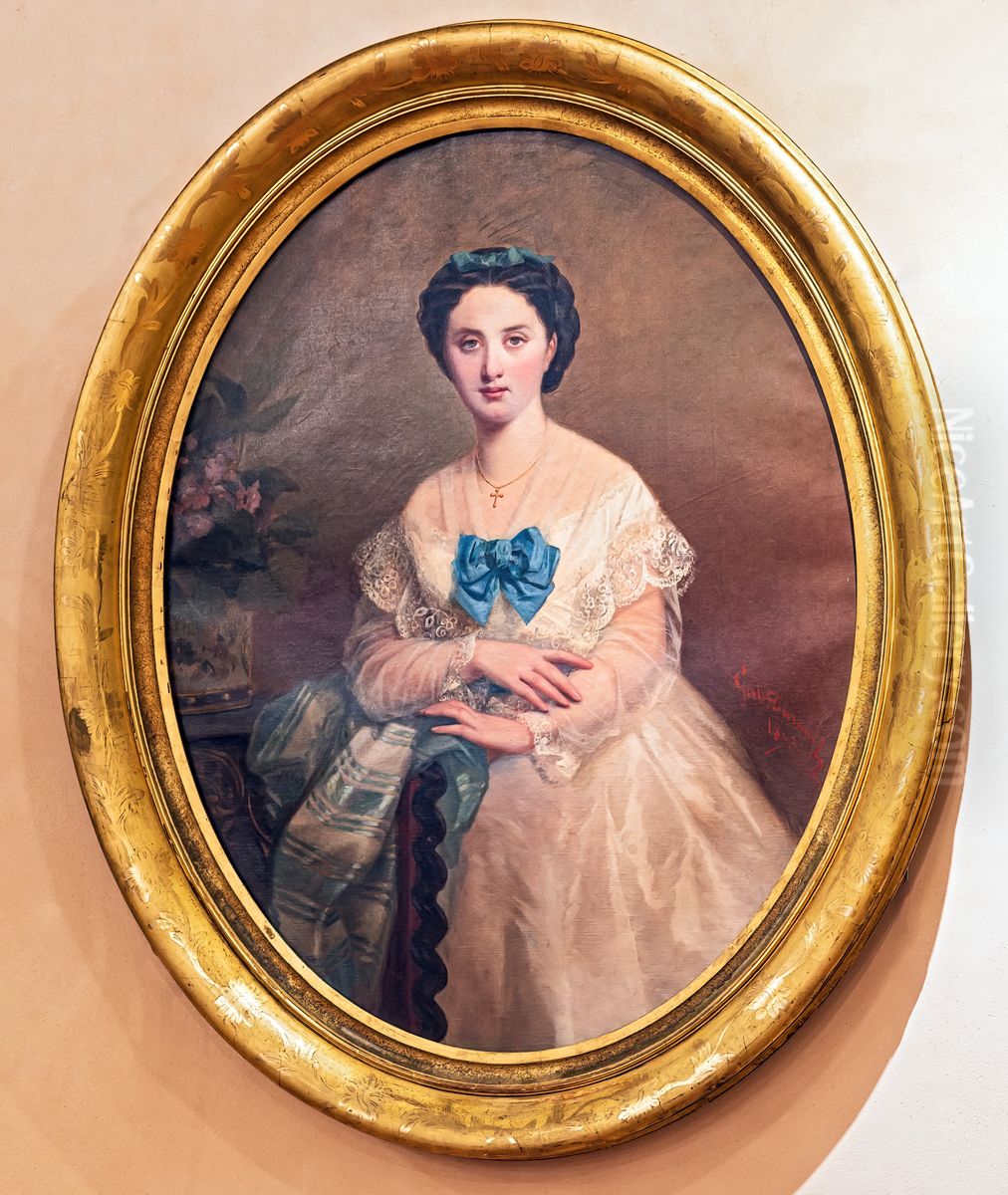 Woman in white with blue bow Oil Painting by Gabriel Durand