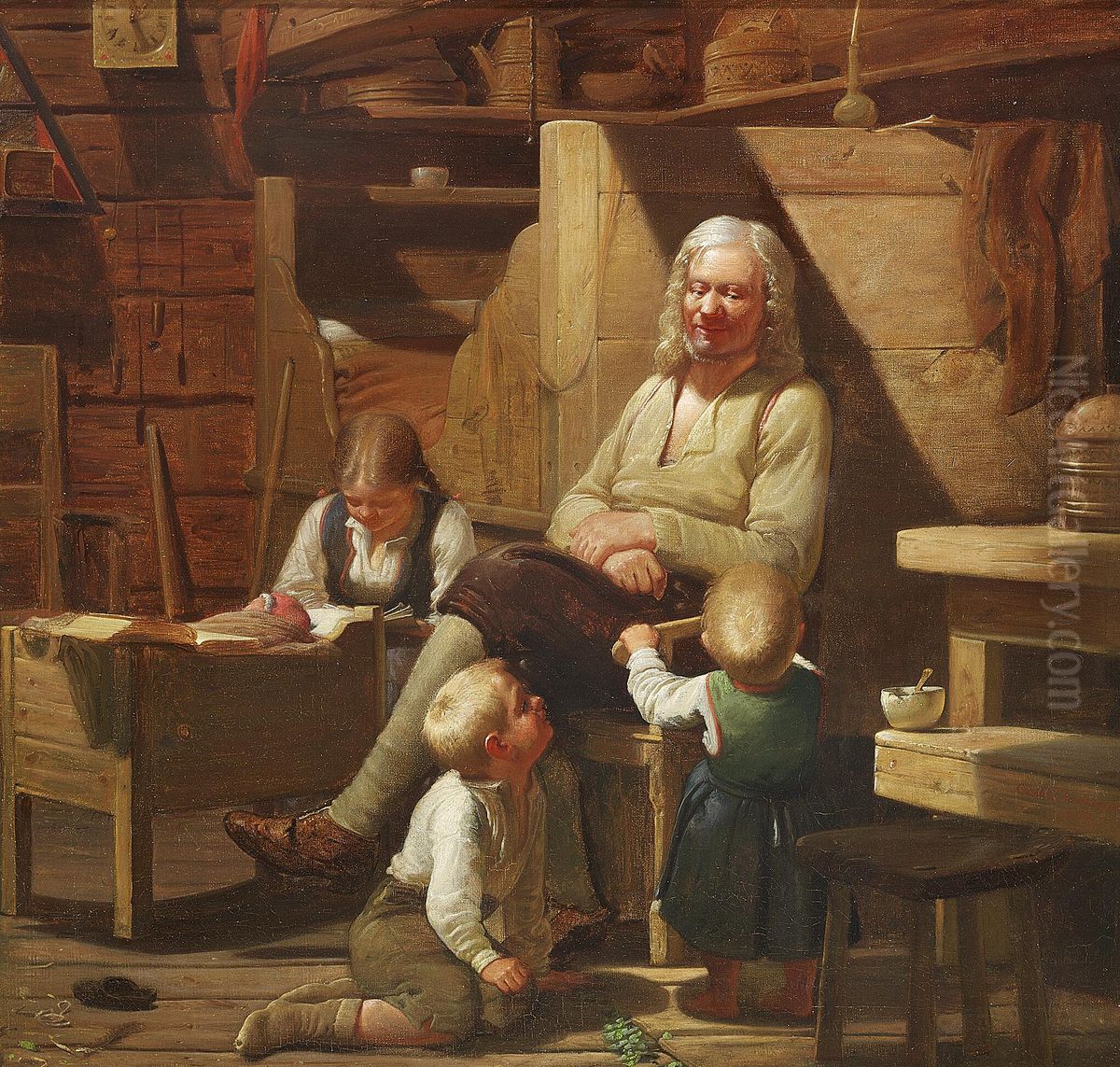 Scene from a Norwegian farmhouse in Modalen. Oil Painting by Carl F. Andersen