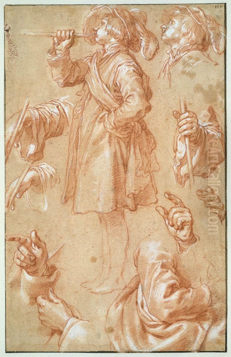 Studieblad met staande trompetter, handen en armen Oil Painting by Abraham Bloemaert