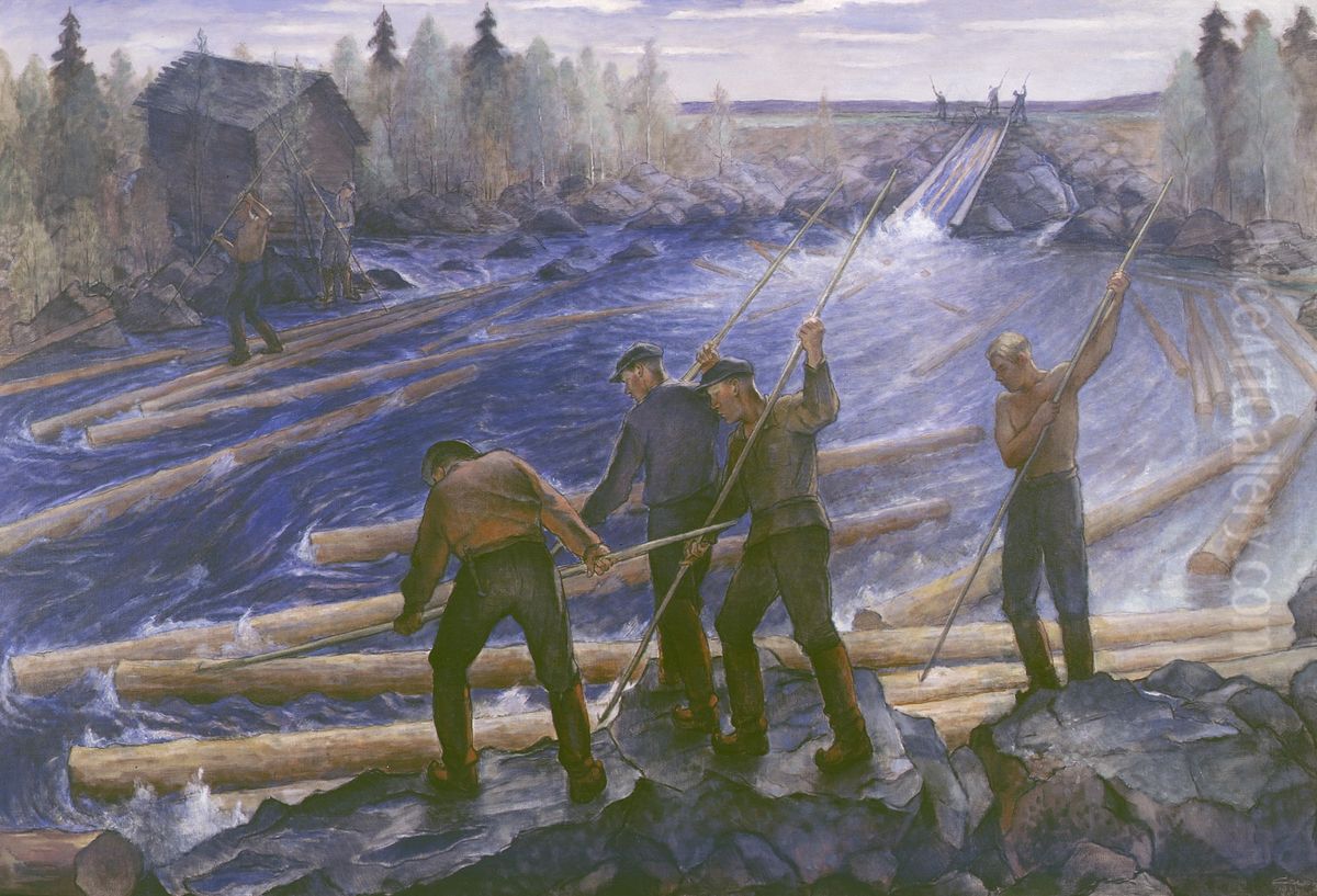 Log Drivers Oil Painting by Alvar Cawen