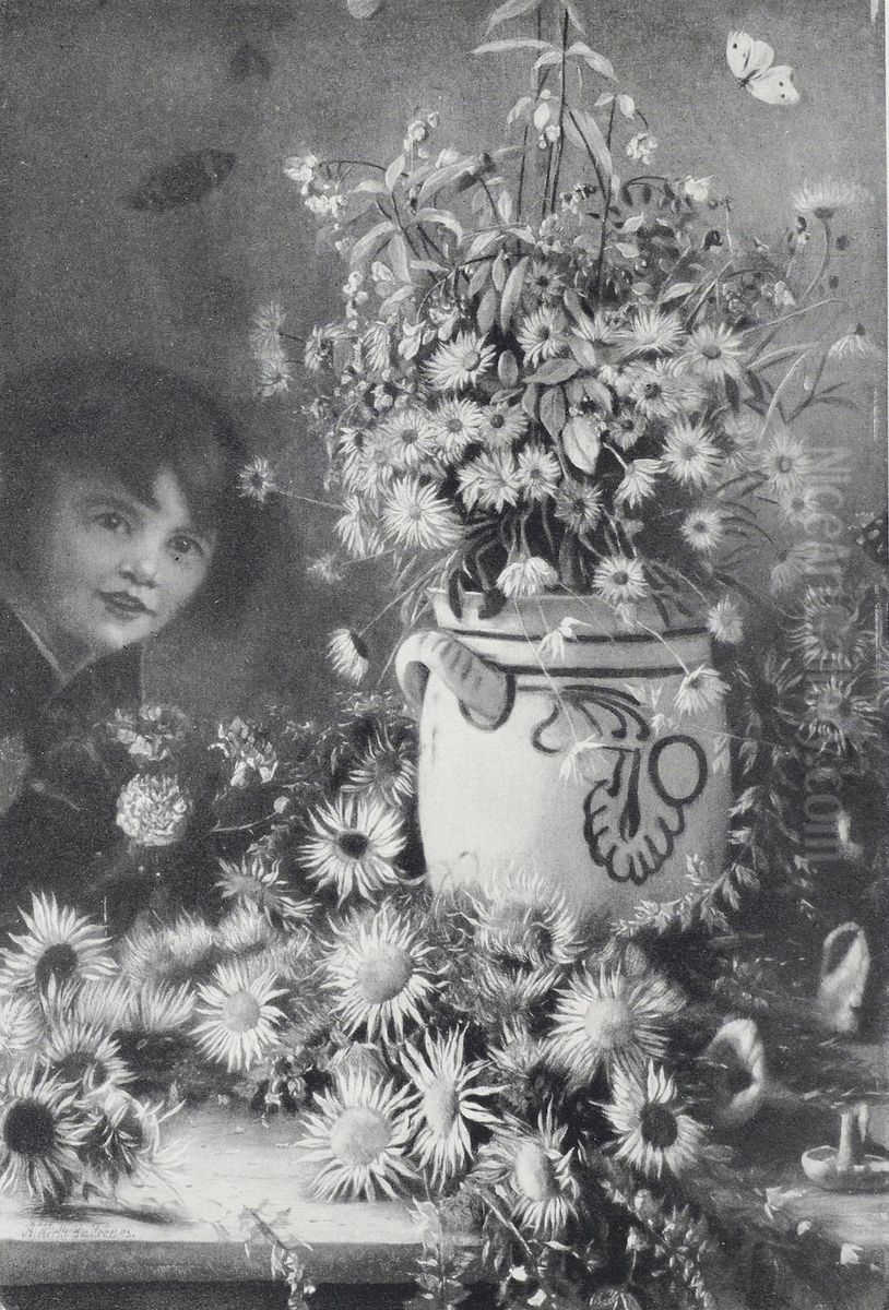 Kind mit Blumenstillleben Oil Painting by Rudolf Hirth Du Frenes