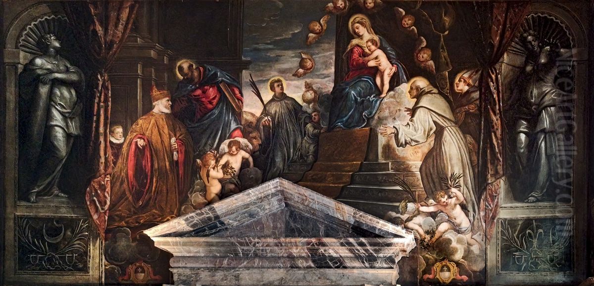 Andrea Gritti, assisted by St Mark, in front of Maria and the Saints Bernardino, Louis of Toulouse and Marina Oil Painting by Jacopo Tintoretto