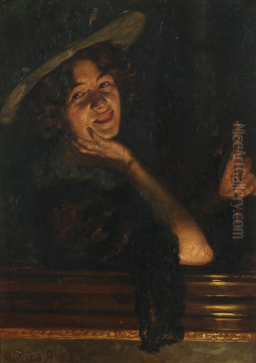 Portraet af smilende ung kvinde med hat og sjal. Oil Painting by Cilius Andersen