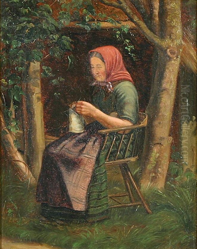 Siddende strikkende aeldre dame ved en hytte. Oil Painting by Cilius Andersen