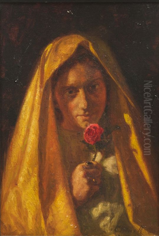 Young woman with a rose. Oil Painting by Cilius Andersen