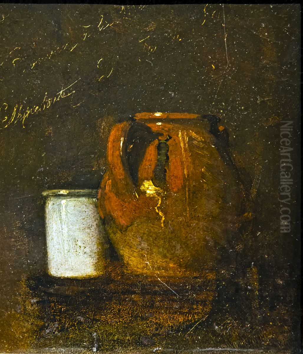 Still life, two glazed earthenware pots. Oil Painting by Francois Bonvin