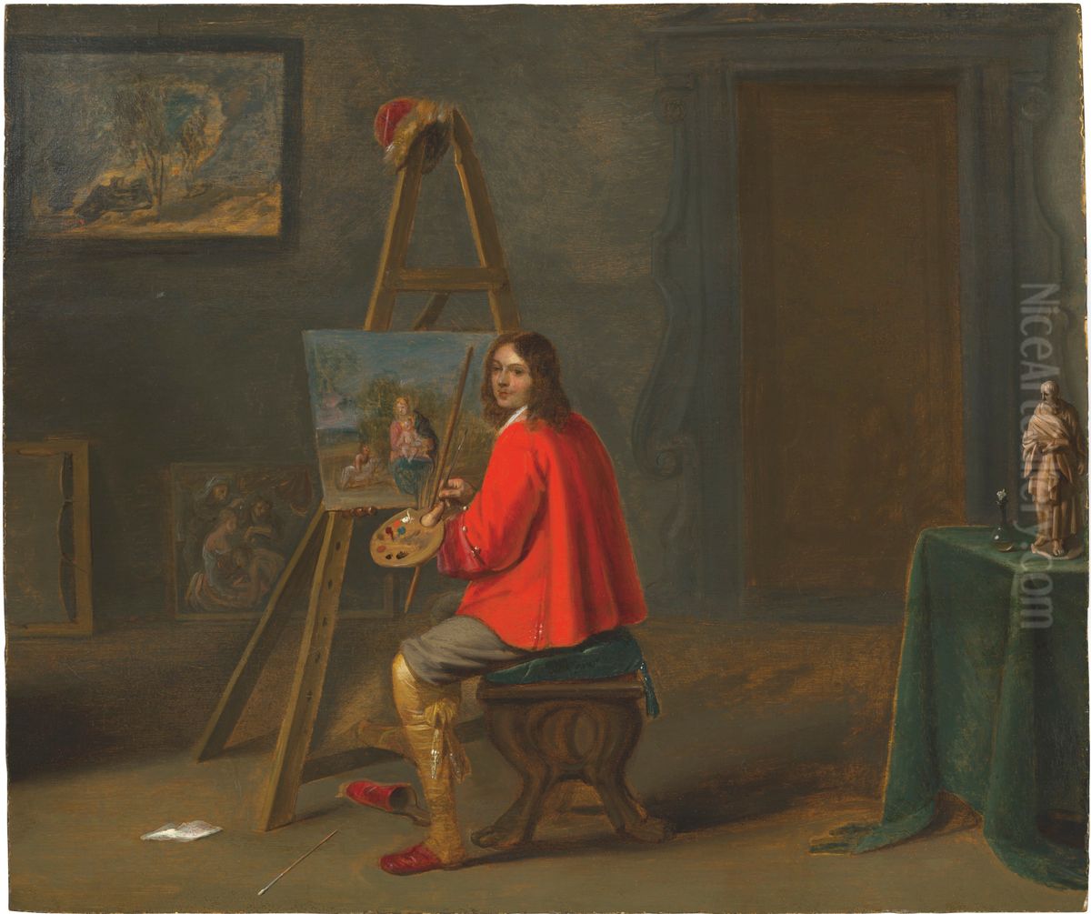 Portrait of the artist seated before an easel Oil Painting by Christoffel Jacobsz van der Laemen