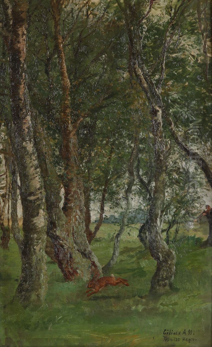 A hare and a hunter in the woods. Oil Painting by Cilius Andersen