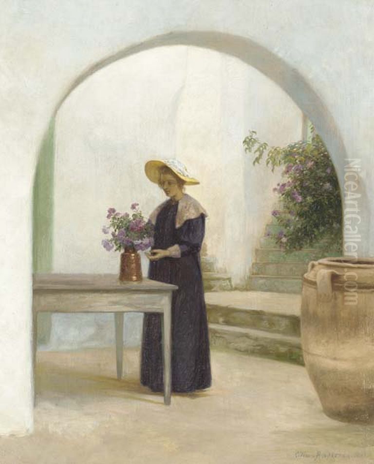 Blomsterne arrangeres. Oil Painting by Cilius Andersen