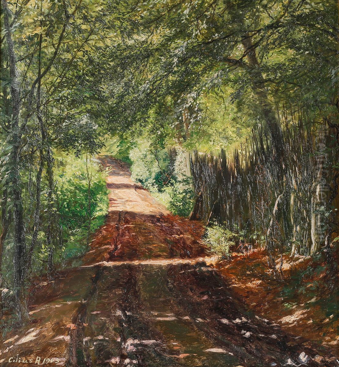 A forest road in the shadows. Oil Painting by Cilius Andersen