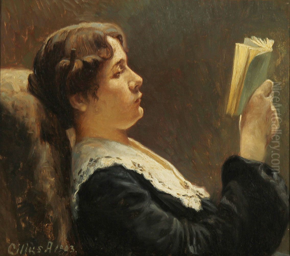 A young woman reading. Oil Painting by Cilius Andersen