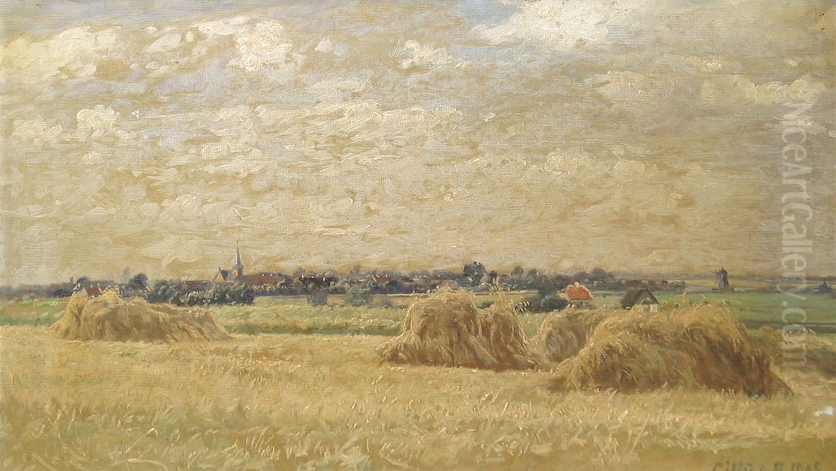 Landscape during harvest. Oil Painting by Cilius Andersen