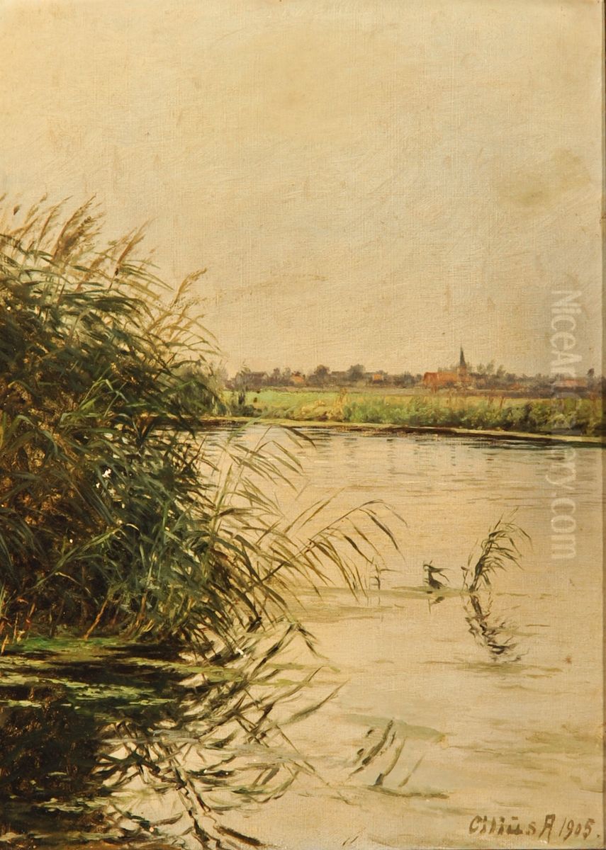 Odense Kanal ved Stige. Oil Painting by Cilius Andersen