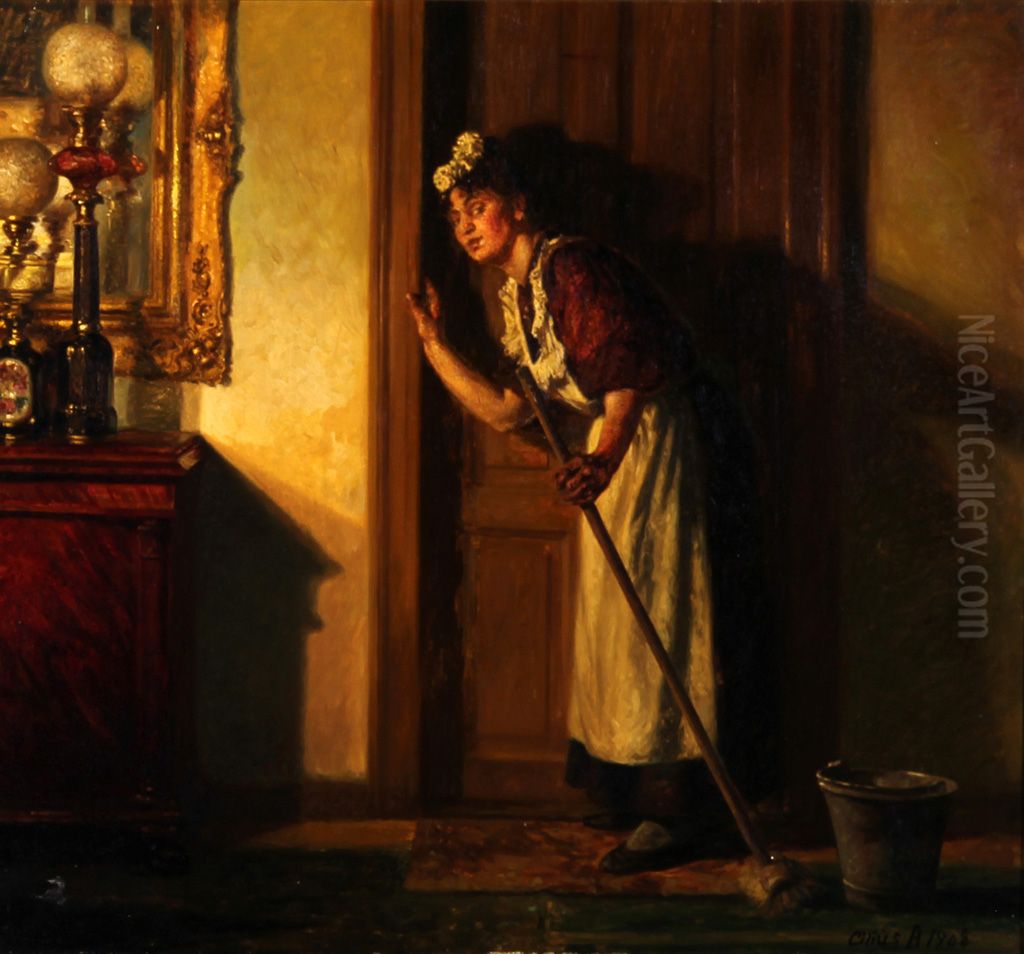 Stuepigen lytter med. Oil Painting by Cilius Andersen