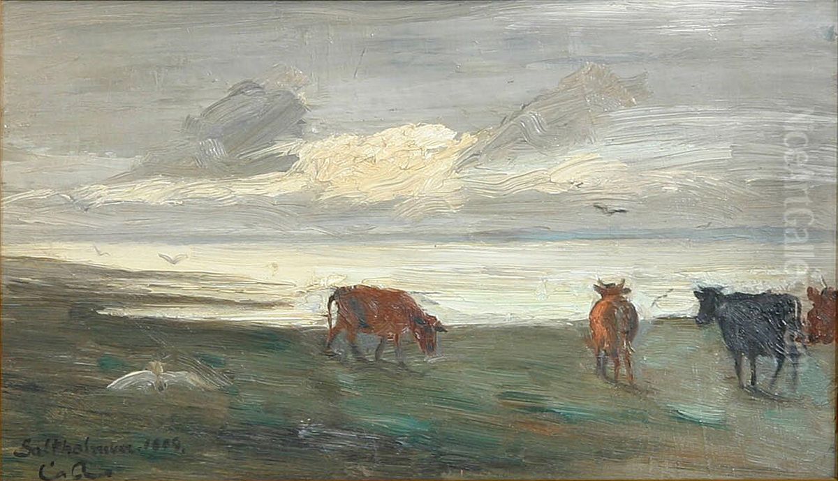 Graessende koer. Oil Painting by Cilius Andersen