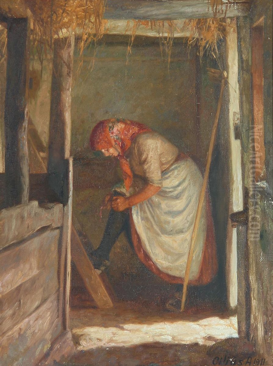 Staldinterior med ung pige der retter pa sin strompe. Oil Painting by Cilius Andersen