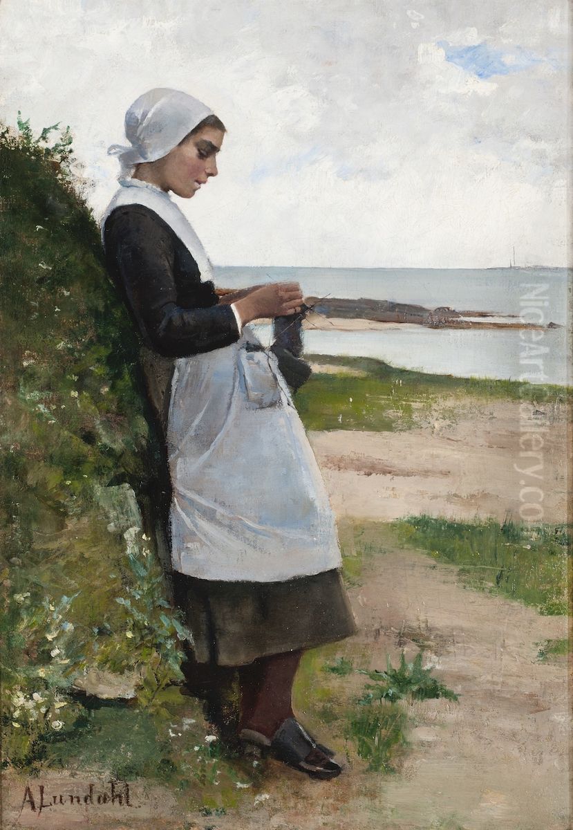 Bretagnelainen tytto (Sukkien kutoja) Oil Painting by Amelie Lundahl