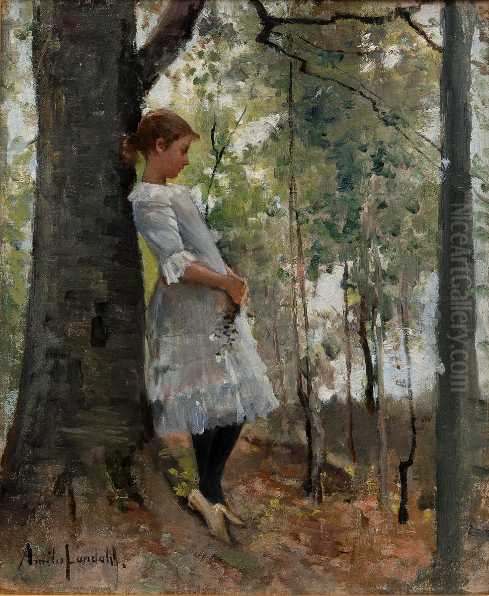 Girl in a Leaf Forest Oil Painting by Amelie Lundahl