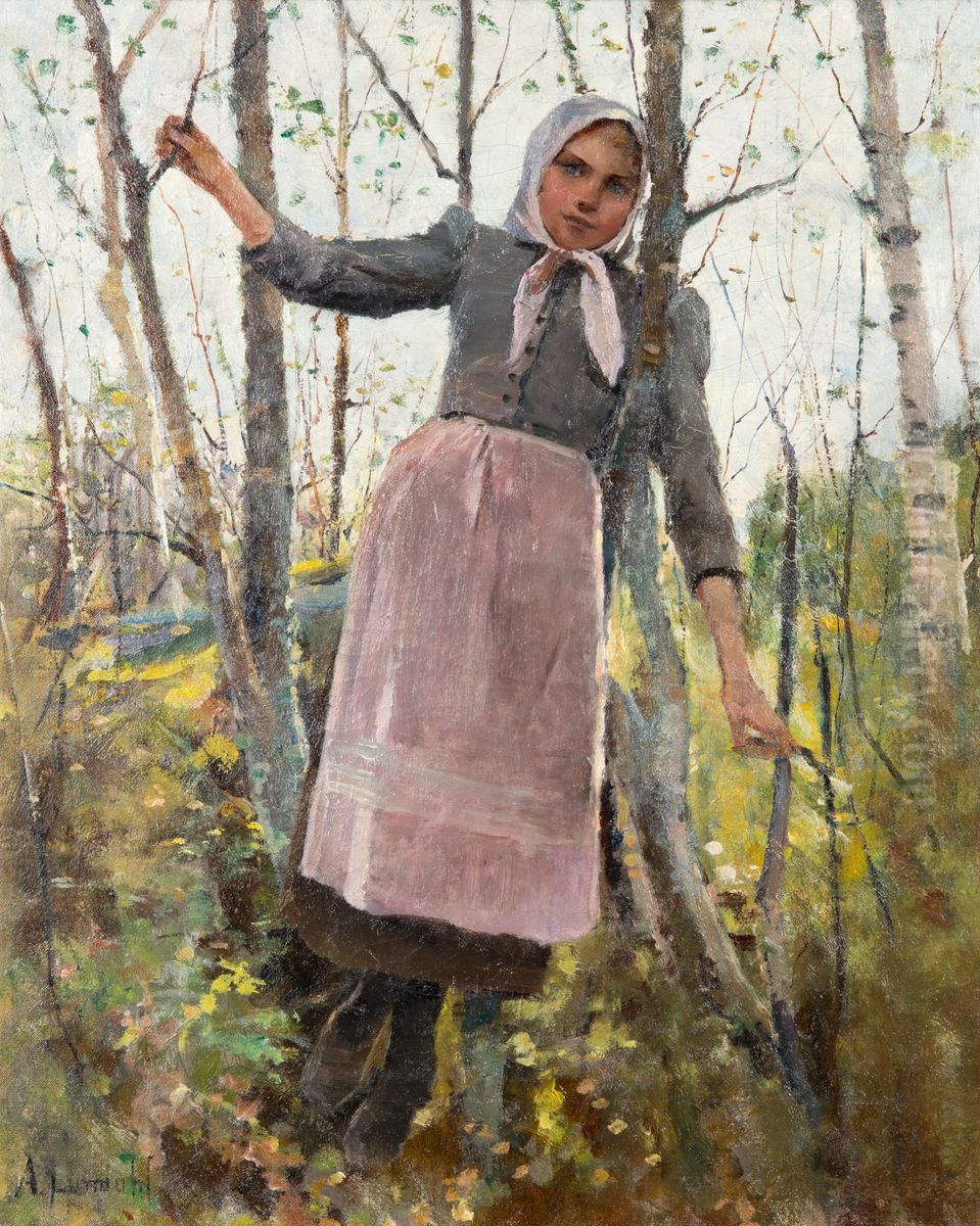 Kevat; Tytto koivikossa Oil Painting by Amelie Lundahl