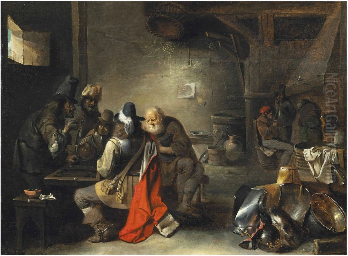 A soldier playing tric-a-trac with peasants in a tavern Oil Painting by Christoffel Jacobsz van der Laemen