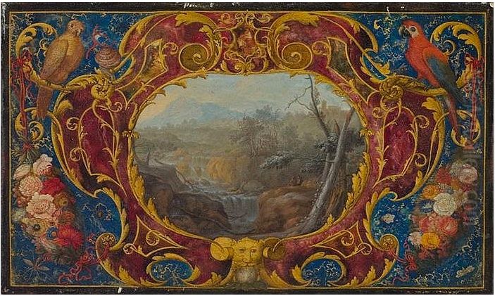 Cartouche with floral decoration and two parrots around a landscape Oil Painting by Philips Augustijn Immenraet