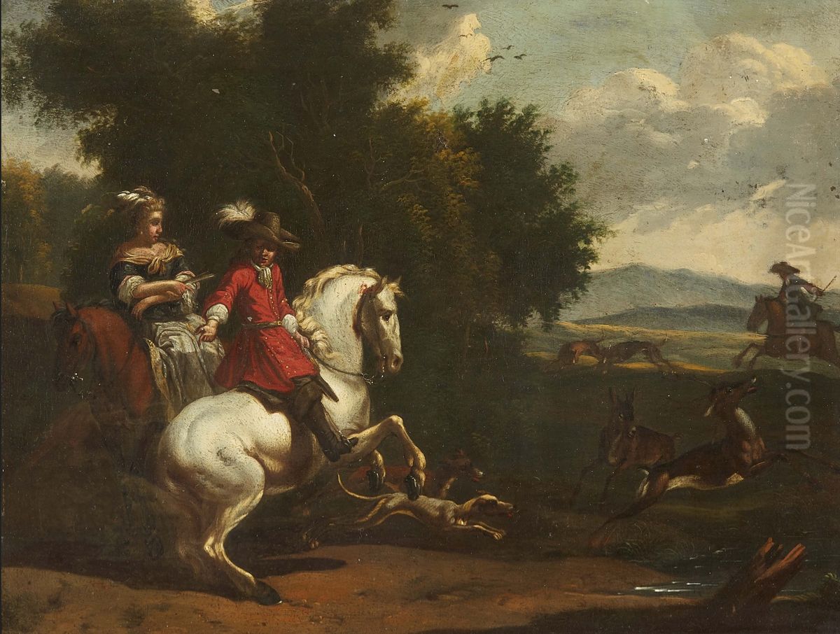Landscape with a Hunting Party Oil Painting by Carel van Falens or Valens