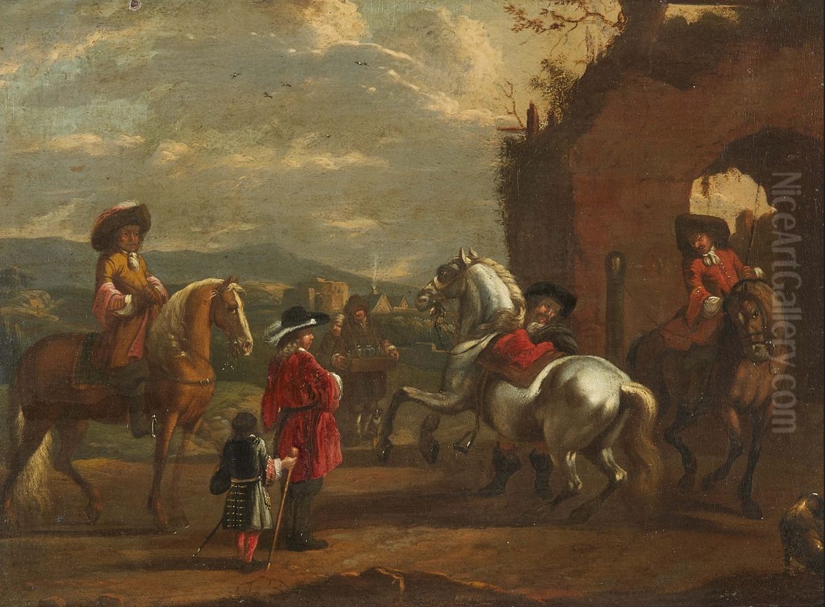 Landscape with riders and a hawker Oil Painting by Carel van Falens or Valens
