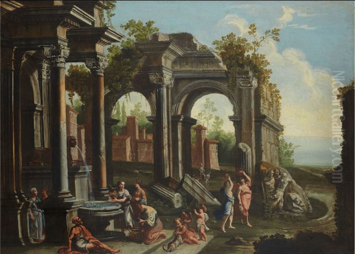 Figures near a fountain in an architectural palace Oil Painting by Ascanio Luciano