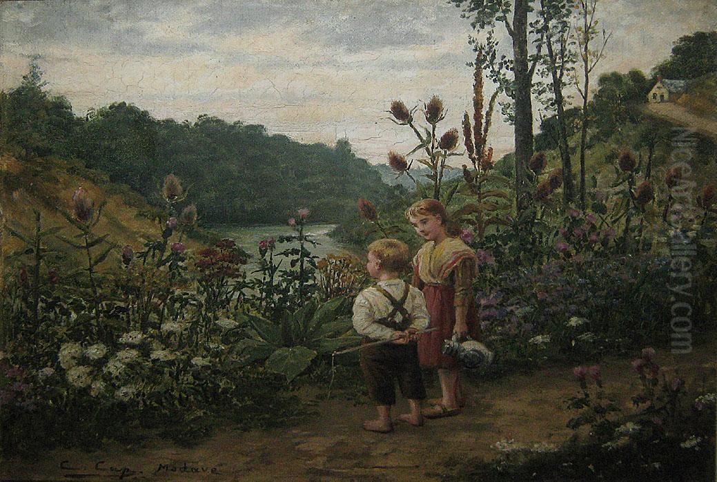 'deux Enfants A Modave'. Oil Painting by Constant Aime Marie Cap