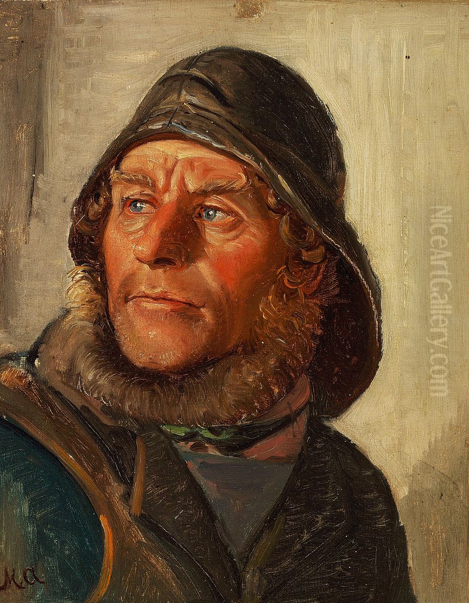A Skagen fisherman wearing a sou'wester. Oil Painting by Michael Peter Ancher