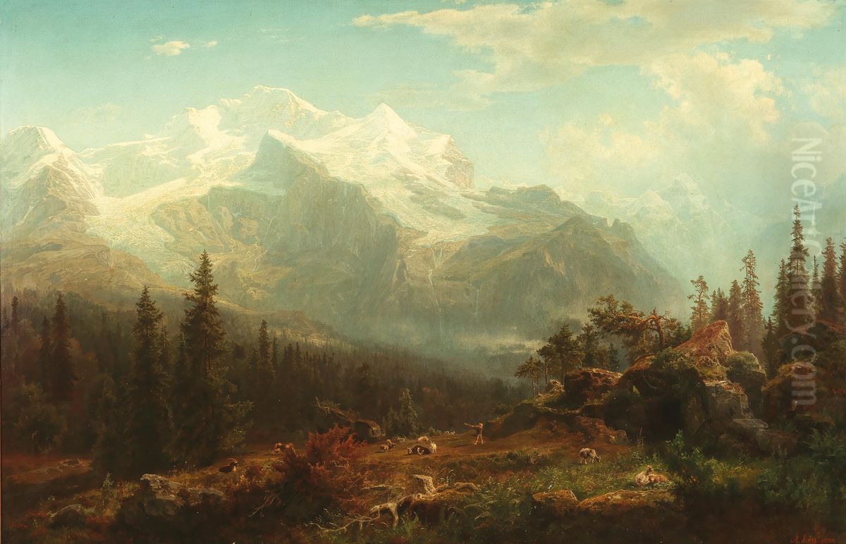 A Scene in the Bern Alps Oil Painting by August Wilhelm Leu
