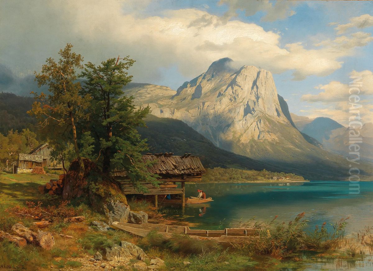 Motiv vom Grundlsee mit Backenstein Oil Painting by August Wilhelm Leu
