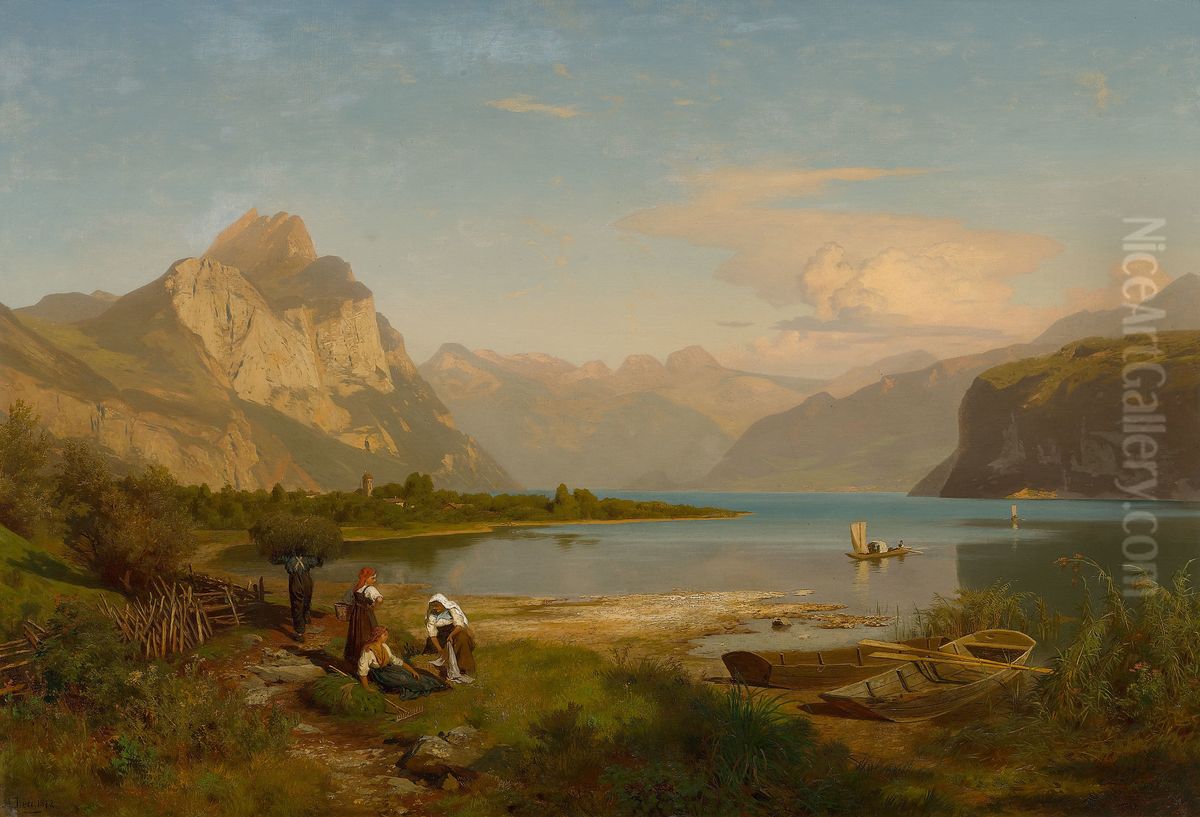 Walensee. View from Weesen towards Sargans Oil Painting by August Wilhelm Leu