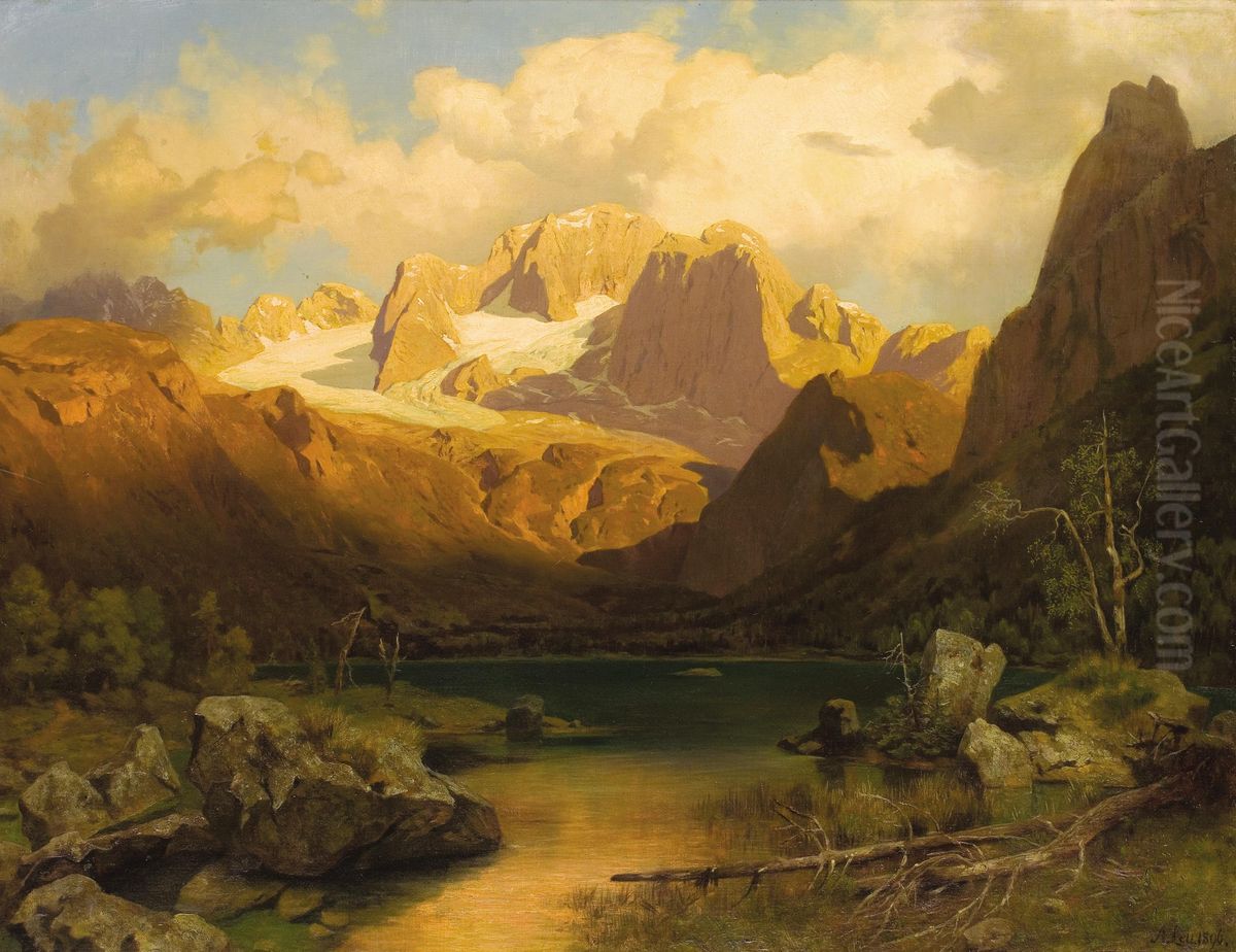 Ausblick auf einen alpinen Berggipfel Oil Painting by August Wilhelm Leu