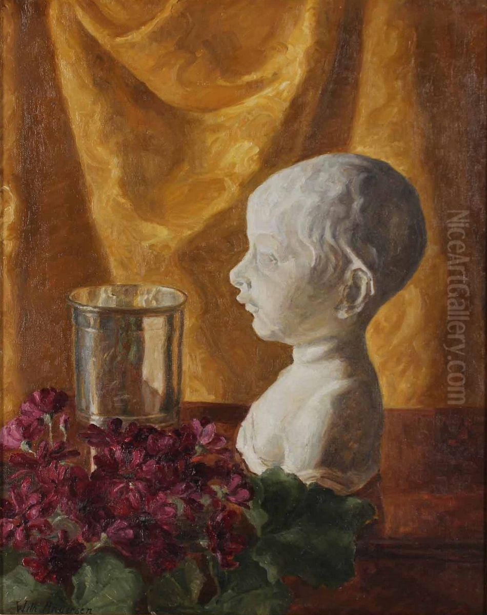 Still life with a bust and flowers. Oil Painting by Wilhelm Andersen