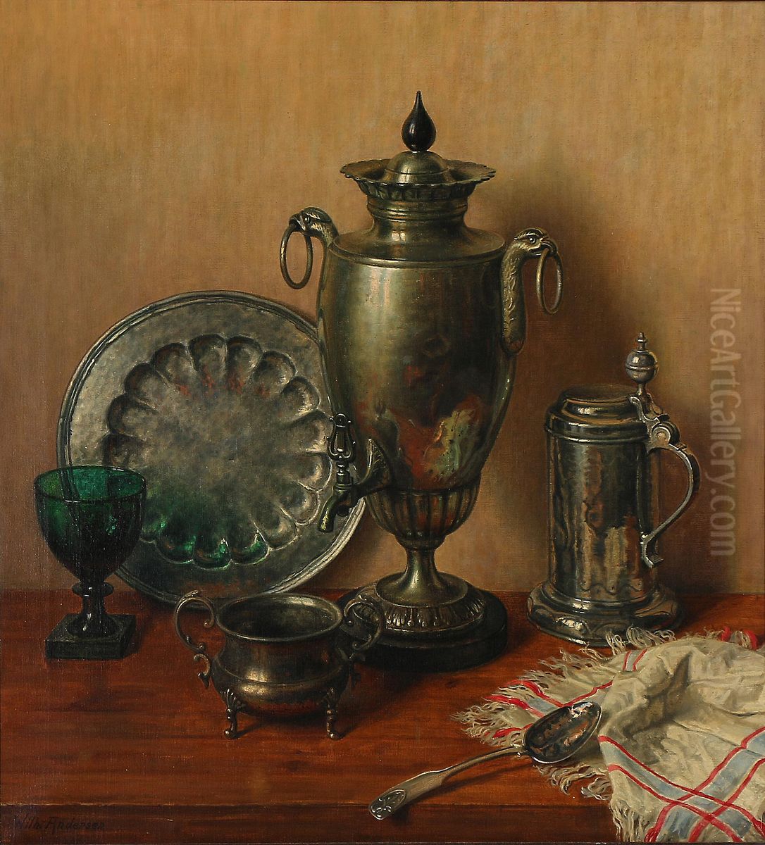 Opstilling med en samovar og solvservice. Oil Painting by Wilhelm Andersen