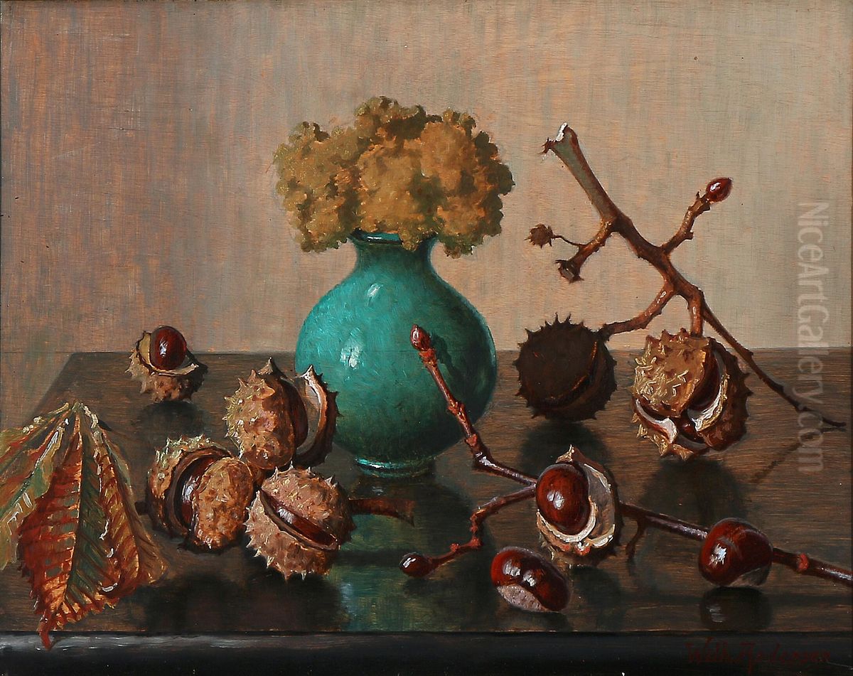 Still life with chestnuts and a green vase. Oil Painting by Wilhelm Andersen