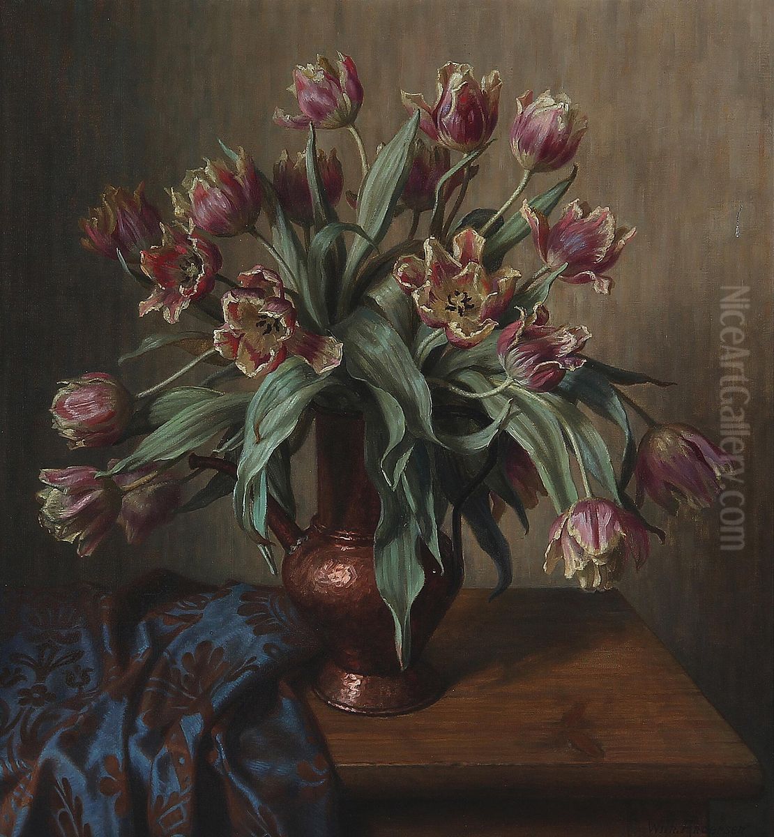 Opstilling med tulipaner i en vase. Oil Painting by Wilhelm Andersen
