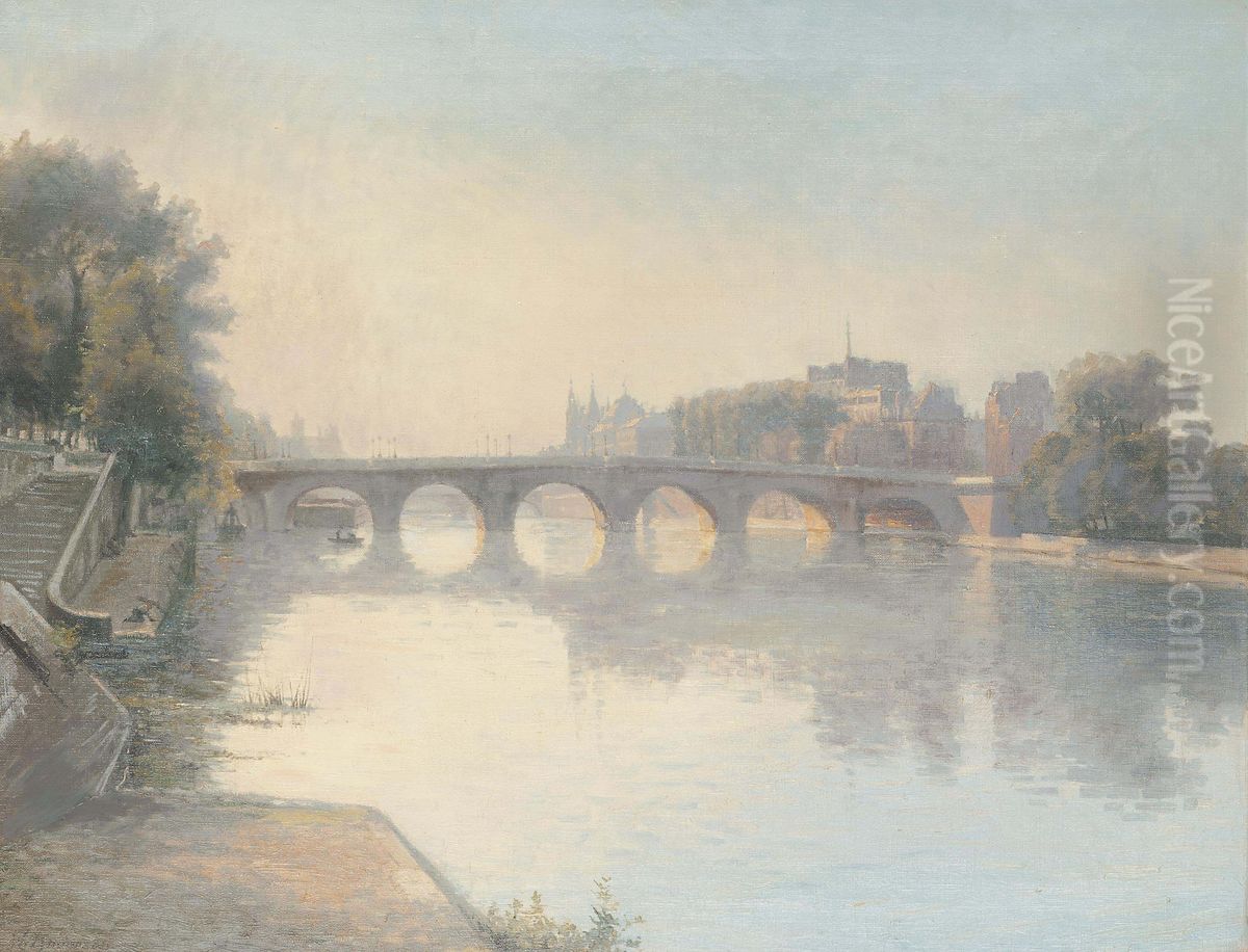 Dusk on the Seine before the Pont Neuf, Paris. Oil Painting by Wilhelm Andersen
