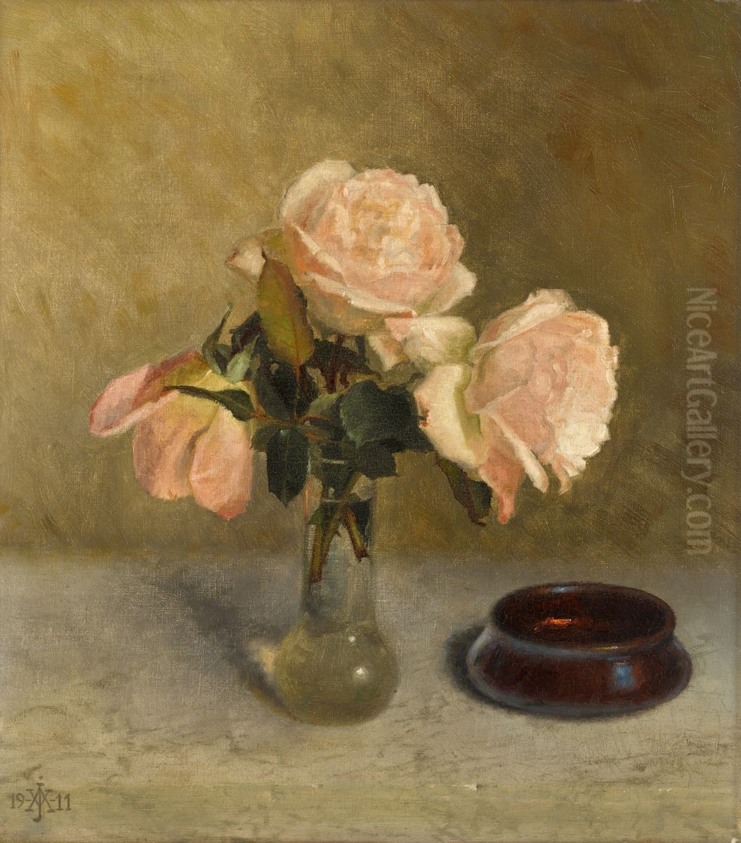 Roser i en vase. Oil Painting by Wilhelm Andersen