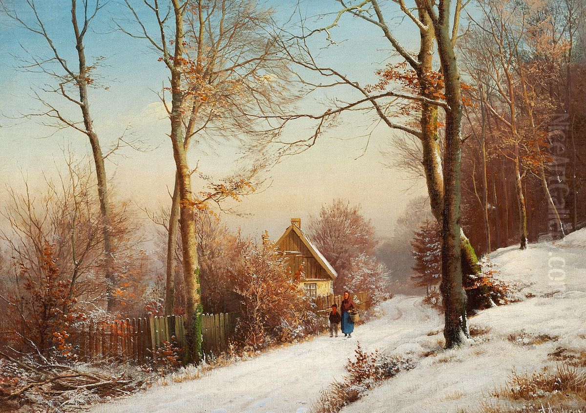 Kone og dreng pa en sti i vinterskoven. Oil Painting by Anders Andersen-Lundby